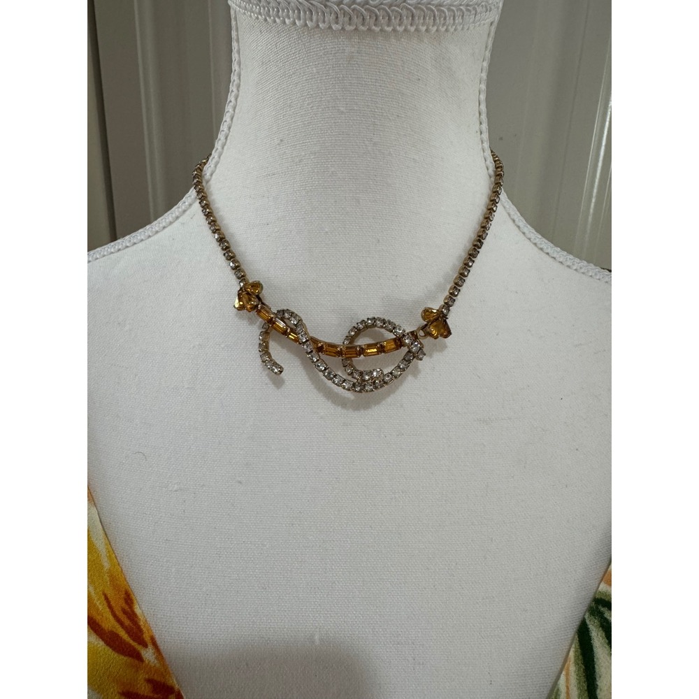 Vintage Rhinestone Necklace Statement Floral Gold Tone Cocktail Party